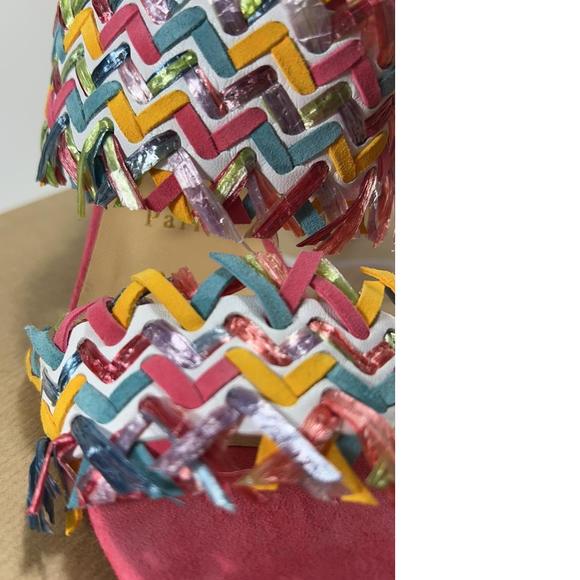 Meroine Pink Rainbow Woven 85mm raffia fringe heels mules D974 - Picture 4 of 11